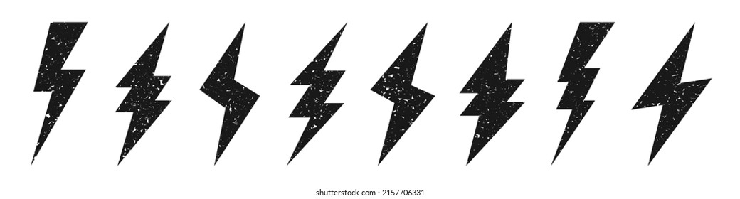 Lightning bolt icons with grunge texture isolated on white background. Vintage flash symbol, thunderbolt. Simple lightning strike sign. Vector illustration.