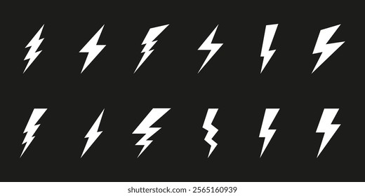 Lightning bolt icons isolated on white background. Vintage flash symbol, thunderbolt. Simple lightning strike sign. Vector