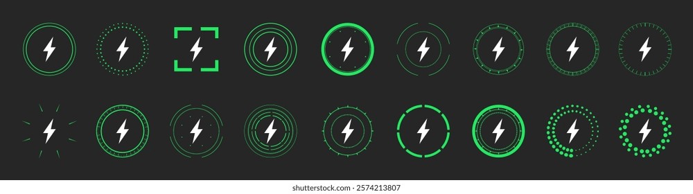 Lightning bolt icons isolated on black background. Green battery and power symbol, flash thunderbolt. Vector illustration