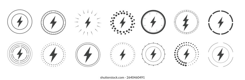 Lightning bolt icons isolated on white background. Battery and power symbol, flash thunderbolt. Vector illustration