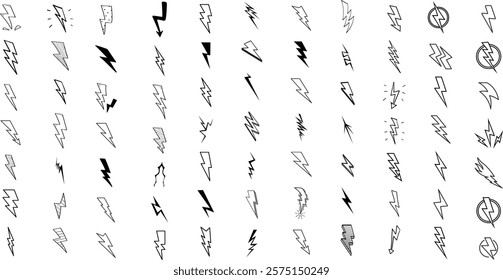 Lightning bolt icons set, black outline of flash lightning bolt icon vector illustration