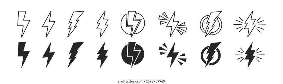 Lightning bolt icons set, flash thunder power icon. Energy, power symbol. Power energy sign, vector illustration