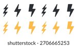 Lightning Bolt Icons Set. Hand Drawn Thunder Flash Symbols for Energy, Speed, Power, and Electrical Hazard. Vector.