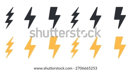 Lightning Bolt Icons Set. Hand Drawn Thunder Flash Symbols for Energy, Speed, Power, and Electrical Hazard. Vector.