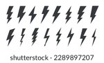 Lightning bolt icons set isolated on white background. Black flash symbol, thunderbolt vector illustration. Simple lightning strike sign