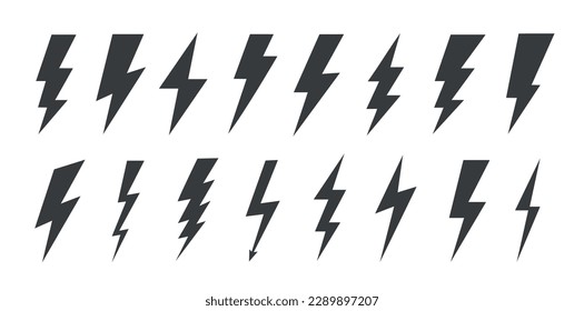 Iconos de pernos relámpago aislados en fondo blanco. Símbolo negro de flash, ilustración vectorial de rayón. Signo de paro de relámpago simple