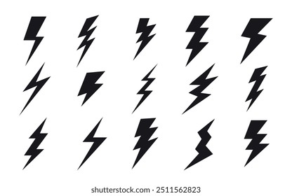 Lightning bolt icons set isolated on white background. Black icons of thunder or lightning vector signs.Thunderbolt silhouette.Simple lightning strike sign.
