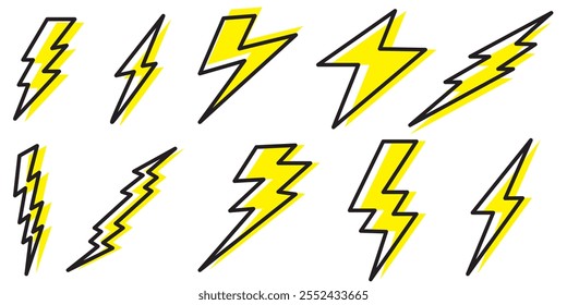 Lightning bolt icons set isolated on white background.  flash symbol, thunderbolt vector illustration. Simple lightning strike sign