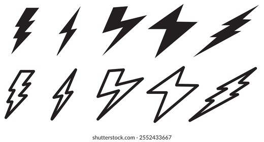 Lightning bolt icons set isolated on white background.  flash symbol, thunderbolt vector illustration. Simple lightning strike sign