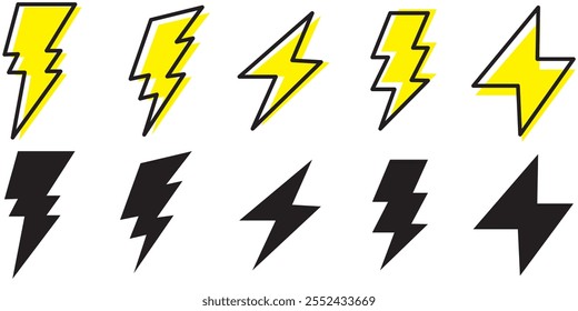 Ícones de raio definidos isolados em fundo branco. símbolo de flash, ilustração de vetor de raio. Sinal de ataque relâmpago simples