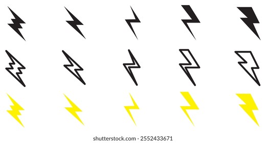 Lightning bolt icons set isolated on white background.  flash symbol, thunderbolt vector illustration. Simple lightning strike sign