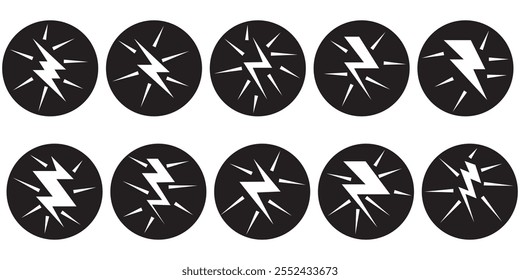 Lightning bolt icons set isolated on white background.  flash symbol, thunderbolt vector illustration. Simple lightning strike sign