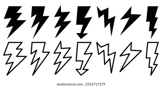 Lightning bolt icons set isolated on white background. Lightning icon set. Line and glyph flash sign. Black flash symbol, thunderbolt. Vector illustration. 