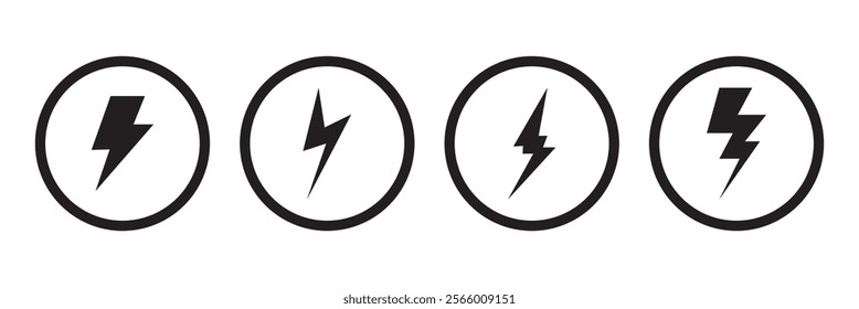 Lightning bolt icons set isolated on white background. Black flash symbol, thunderbolt vector illustration. Simple lightning strike sign