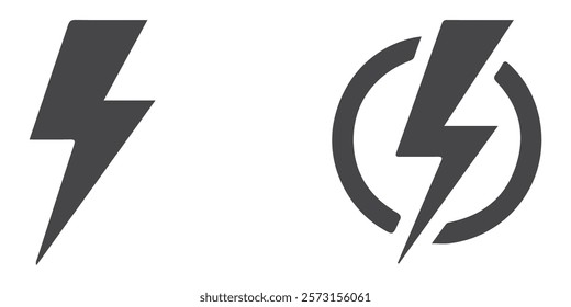 Lightning bolt icons set isolated on white background. Black flash symbol, thunderbolt vector illustration. Simple lightning strike sign