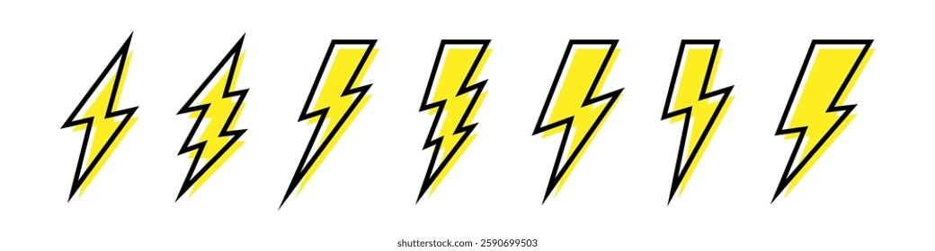 Lightning bolt icons set isolated on white background. Black flash symbol, thunderbolt vector illustration. Simple lightning strike sign