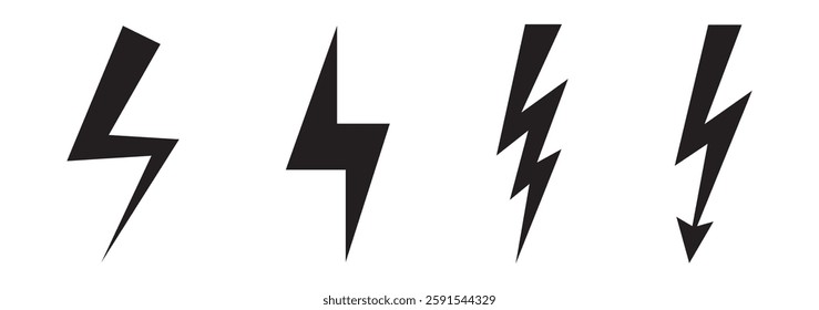 Lightning bolt icons set isolated on white background. Black flash symbol, thunderbolt vector illustration. Simple lightning strike sign
