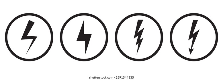 Lightning bolt icons set isolated on white background. Black flash symbol, thunderbolt vector illustration. Simple lightning strike sign
