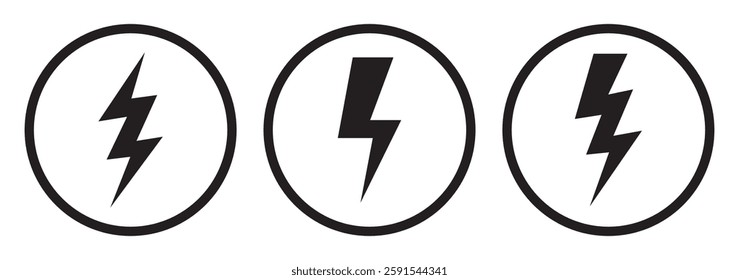 Lightning bolt icons set isolated on white background. Black flash symbol, thunderbolt vector illustration. Simple lightning strike sign
