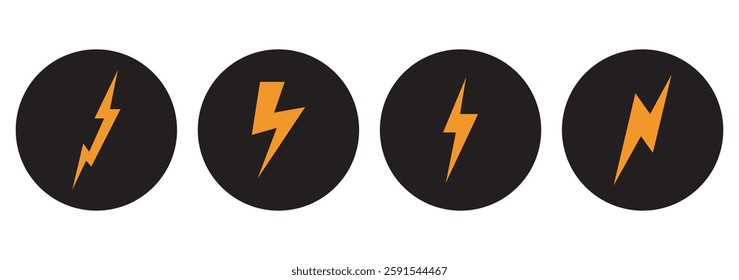 Lightning bolt icons set isolated on white background. Black flash symbol, thunderbolt vector illustration. Simple lightning strike sign
