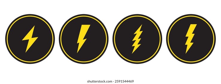 Lightning bolt icons set isolated on white background. Black flash symbol, thunderbolt vector illustration. Simple lightning strike sign
