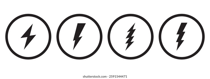 Lightning bolt icons set isolated on white background. Black flash symbol, thunderbolt vector illustration. Simple lightning strike sign
