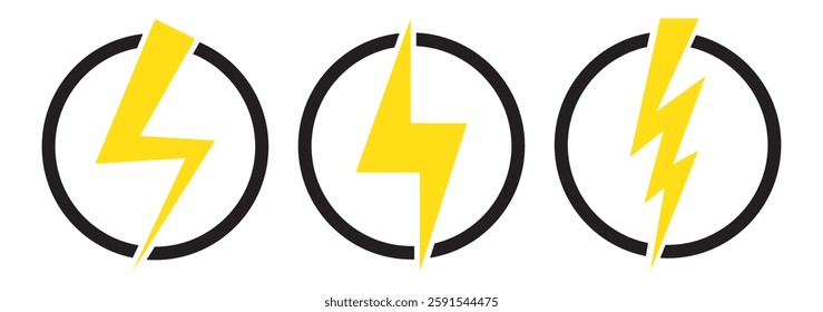 Lightning bolt icons set isolated on white background. Black flash symbol, thunderbolt vector illustration. Simple lightning strike sign
