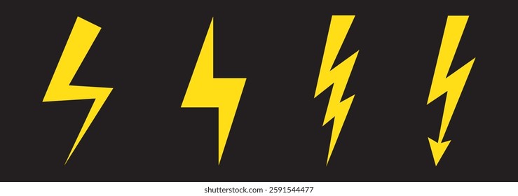 Lightning bolt icons set isolated on white background. Black flash symbol, thunderbolt vector illustration. Simple lightning strike sign
