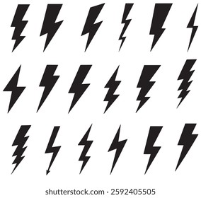 Lightning bolt icons set isolated on white background. Black flash symbol, thunderbolt vector illustration. Simple lightning strike sign.