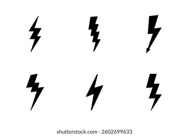 Lightning bolt icons set isolated on white background. Black flash symbol, thunderbolt vector illustration