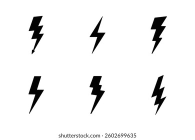Lightning bolt icons set isolated on white background. Black flash symbol, thunderbolt vector illustration