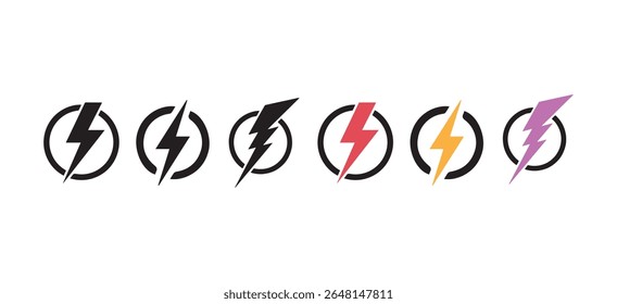 Lightning bolt icons set isolated on white background. Black flash symbol, thunderbolt vector illustration. Simple lightning strike sign