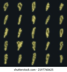 Lightning bolt icons set. Isometric set of lightning bolt vector icons neon color on black