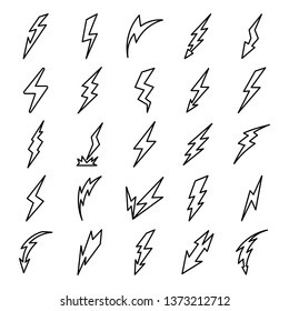 Lightning bolt icons set. Outline set of lightning bolt vector icons for web design isolated on white background