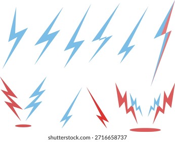Iconos del relámpago fijados en rojo y azul, símbolos de la energía eléctrica, Formas planas del trueno del Vector en el fondo blanco
