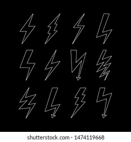 Lightning bolt icons set. Thunder and Bolt. Flash icon. Black background. Vector Illustration.