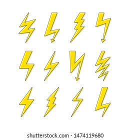 Lightning bolt icons set. Thunder and Bolt. Flash icon. Black and yellow . Vector Illustration.
