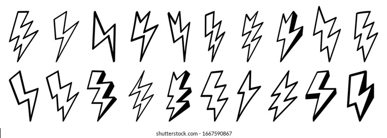 Lightning bolt icons set. Thunder hand drawn doodle. Vector illustration