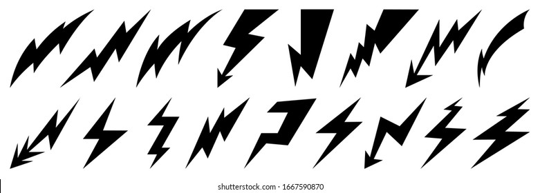 Lightning Bolt Icons Set. Thunder Hand Drawn Doodle. Vector Illustration