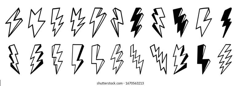 Lightning Bolt Icons Set. Thunder Hand Drawn Doodle. Vector Illustration