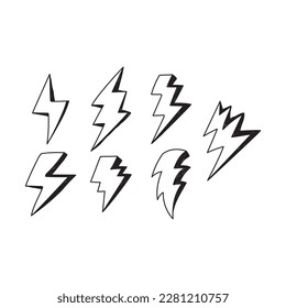 Iconos de perno relámpago. Doodle dibujado a mano delgada. Ilustración del vector