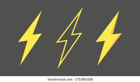 Lightning bolt icons set, thunderbolt sign or flash symbol. Isolated on grey background. vector illustration
