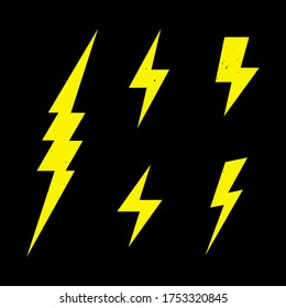Lightning bolt icons set, thunderbolt collection on dark background. Vector illustration. EPS 10