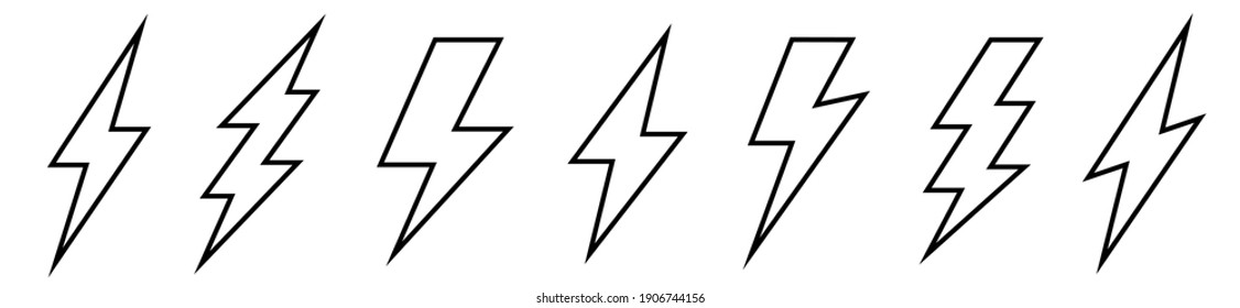 Lightning Bolt Icons Set. Thunderbolt In Flat Style. Outline Graphic Elements Vector. Vector Illustration.