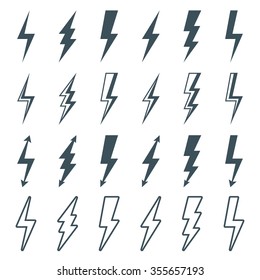 lightning bolt icons set, thunderbolt silhouette sign. outline flash symbol. isolated on white background. vector illustration