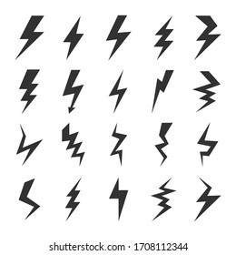 Lightning bolt icons set. Vector black thunderbolt isolated on white background