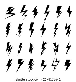 Lightning bolt icons. Speed of flash, thunderbolt storm symbols and electric power vector pictogram set. Isolated natural thunder strike elements, charging and battery signs of different shape