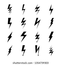 Lightning bolt icons. Thunder zigzag flash light power electric thunderbolt speed arrow voltage strike electrical immediate vector set