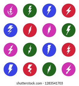 Lightning Bolt Icons. White Flat Design In Circle. Vector Illustration.