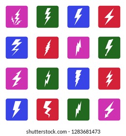 Lightning Bolt Icons. White Flat Design In Square. Vector Illustration. 
